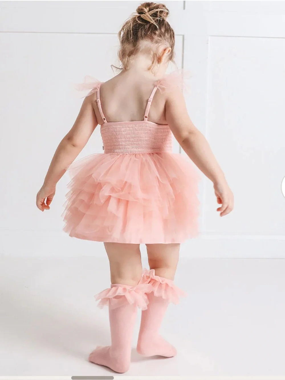 Posh Peanut Starry Pink Ruffled Tulle Smocked Dress